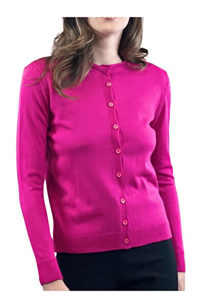 Miss Poem Kadın Bisiklet Yaka Düğmeli Uzun Kollu Basic Fuşya Triko Hırka