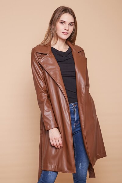 Jument Belted Ecological Faux Leather Long Below Knee Sports Jacket Trench Coat-Tan