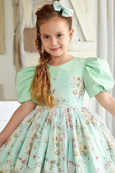 Riccotarz Green Balloon Sleeve Flower Detailed Girl's Evening Dress