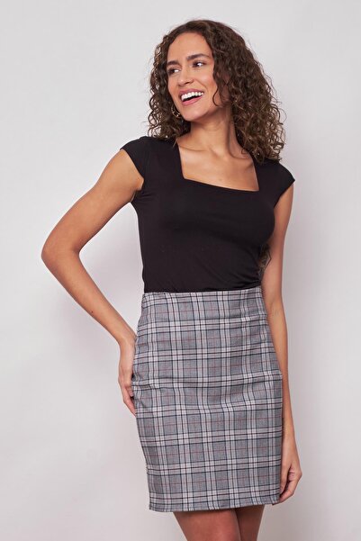Jument Women's Lightweight Lycra Fabric Plaid High Waist Lightweight Mini Pencil Skirt - Navy Blue Plaid