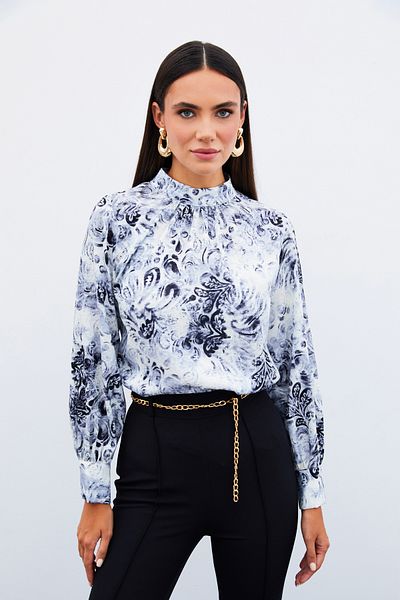 Sateen Bluză cu model cu guler ridicat - NEGRU