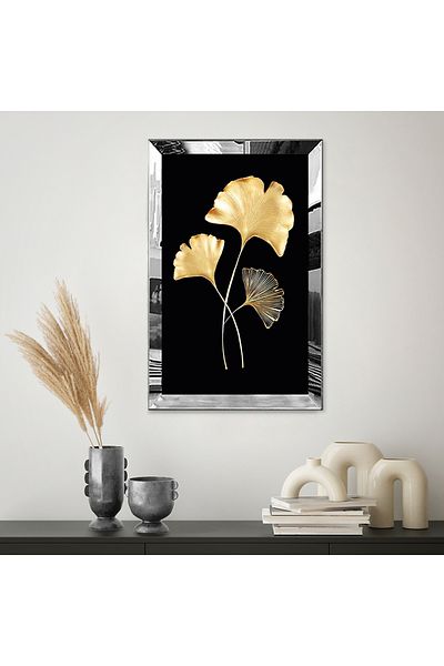Zevahir Mobilya Dekorasyon Masa MDF cu un singur cadru din plexiglas cu oglinda argintie, fundal negru, imagine frunze de aur