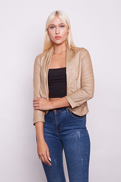 Jument Kraş Thin Leather Shawl Collar Long Sleeve Jacket -Beige