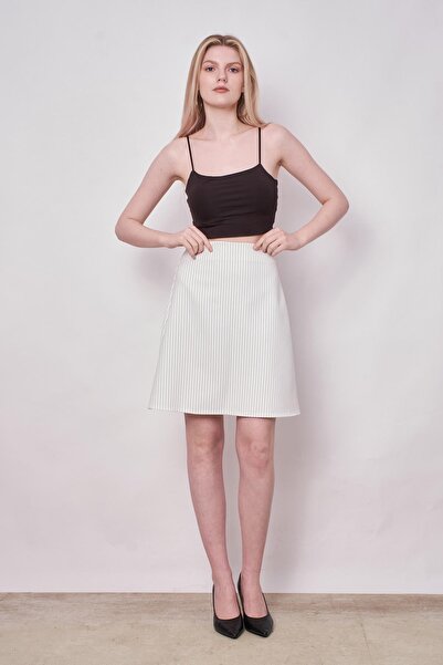Jument Fustă clopot cu talie înaltă cu dungi din țesătură lycra pentru femei - linie cremă