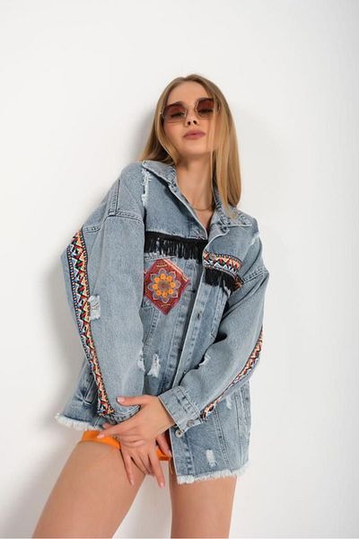 msendam Jachetă de blugi din denim de calitate premium cu model etnic pentru femei