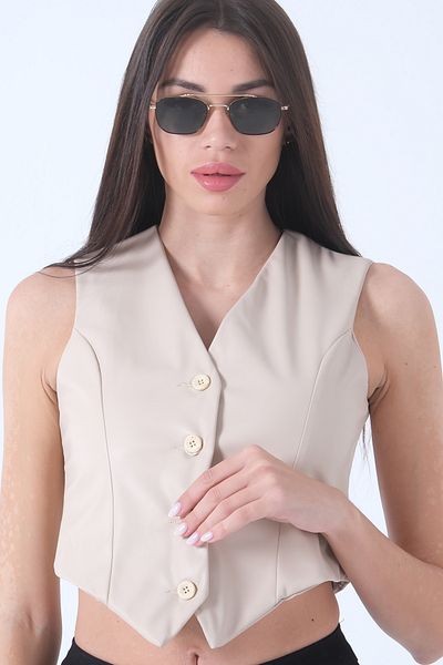 Feminist Buttoned Crop Leather Vest Stone0103001