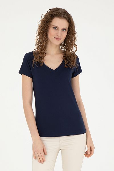 U.S. Polo Assn. Tricou de bază cu decolteu în V bleumarin pentru femei 50280068 -VR033