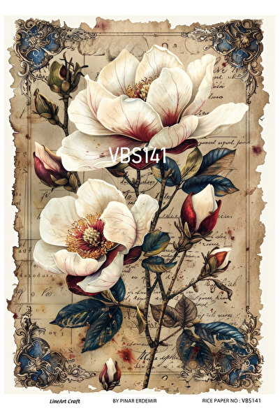 LİNEART Vintage Beyaz Gelincik Deseni VBS Serisi Pirinc Dekopaj Kagıdı  29X42...