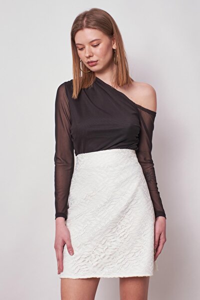 Jument Fustă cu clopoței din țesătură flexibilă ușoară, cu talie înaltă, cu dantelă, pentru femei (lungime: 49 cm + - 2 cm) - crem