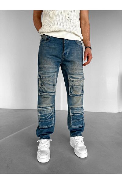 ablukaonline Мъжки широки дънки Cargo Pocket Washed Premium Jeans Blue -Jen.0054