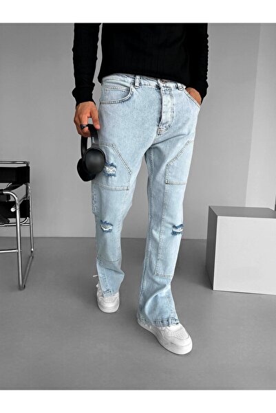 ablukaonline Erkek Baggy Fit Parça Yamalı Distressed Jean Pantolon Buz Mavi
