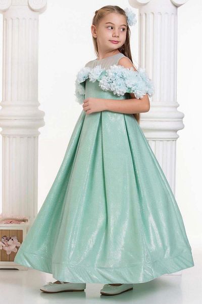 Riccotarz Girl's Boat Neck Shoulder and Chest Flower Embroidered Glittered Water Green Evening Dress