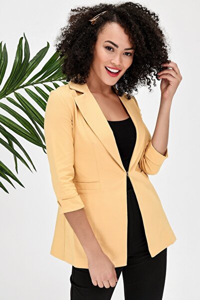Jument Kapri Three Quarter Sleeve Ornamental Pocketed Office Blazer Fabric Jacket-Yellow