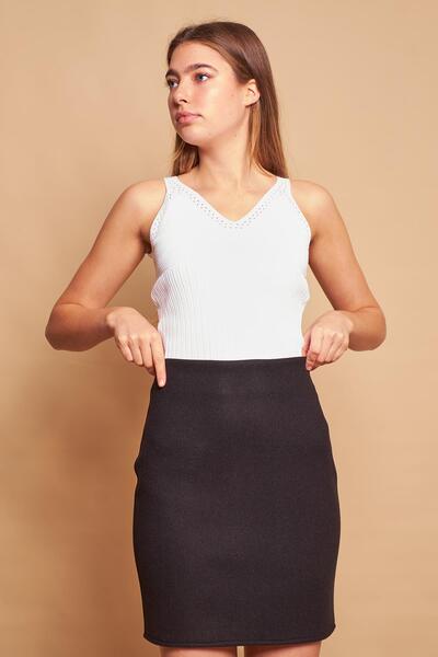 Jument Fusta mini creion ușoară din lycra de iarnă, cu talie înaltă, peste genunchi (lungime 47 cm)-negru