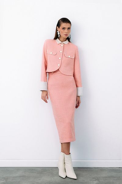 Sateen Tweed Pencil Skirt - Decorative Buttoned, Powder