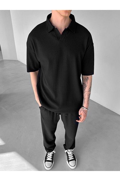 ablukaonline Men's Baggy Fit Corded Comfortable Trousers Black