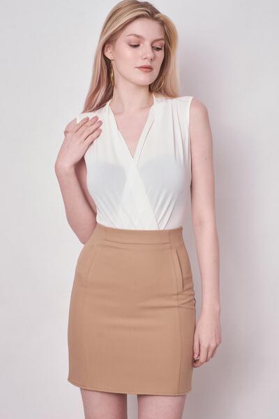 Jument Дамска къса пола-молив с висока талия и джоб, от лека ликра, цвят камила