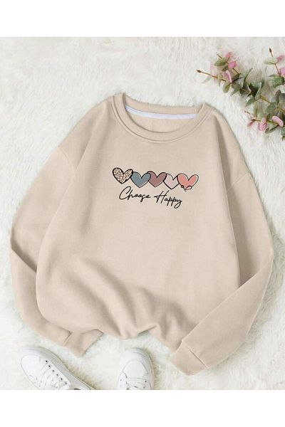 FAVORİST Φούτερ CHOOSE HAPPY HEARTS με στάμπα Oversize Crew Neck