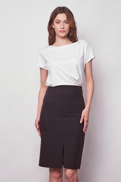 Jument Women's High Waist Front Slit Light Lycra Stylish Fabric Below the Knee Office Pencil Skirt - Black