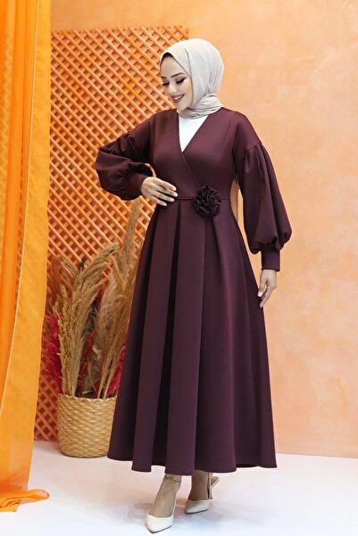 Modaensarbutik فستان حجاب بأكمام بالون مزين بالورود - أحمر كلاريت