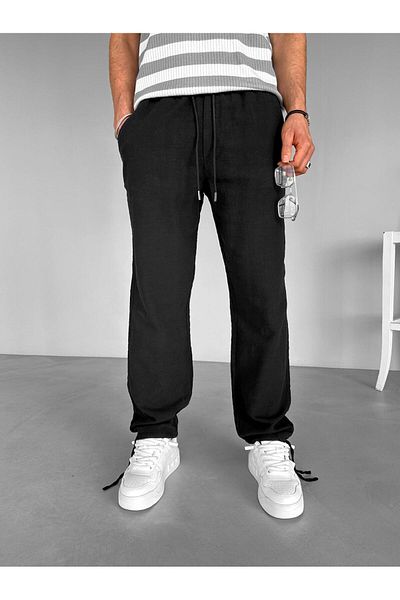 ablukaonline Men's Elastic Waist Summer Comfortable Fit Stretchy Cotton Linen Trousers Black