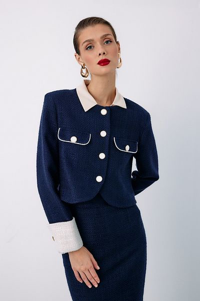 Sateen Jachetă scurtă din tweed cu contrast ALBASTRU ÎNCHIS