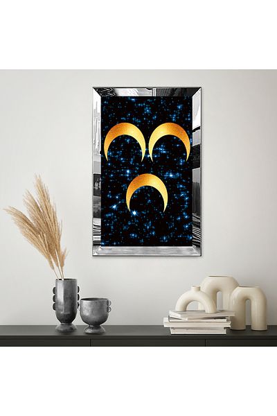 Zevahir Mobilya Dekorasyon Imagine cu sclipici albastră cu cadru din plexiglas cu oglindă argintie 3 semilună masă MDF unică