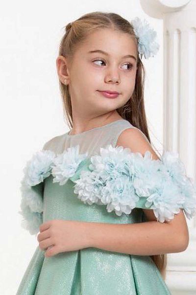 Riccotarz Girl's Boat Neck Shoulder and Chest Flower Embroidered Glittered Water Green Evening Dress