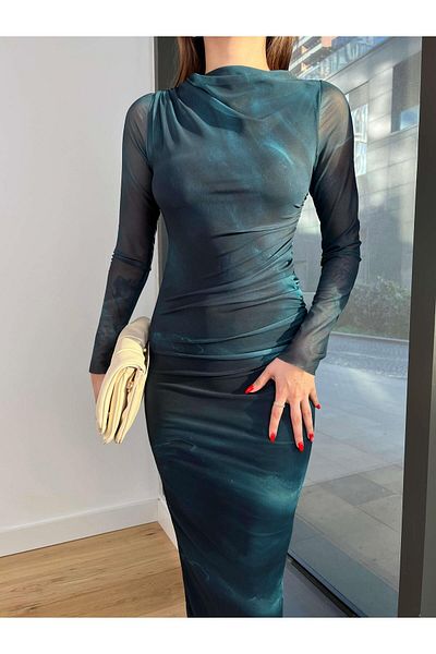 modaçelikler Rochie midi Colin, verde petrol, cu mâneci lungi din tul 24k369