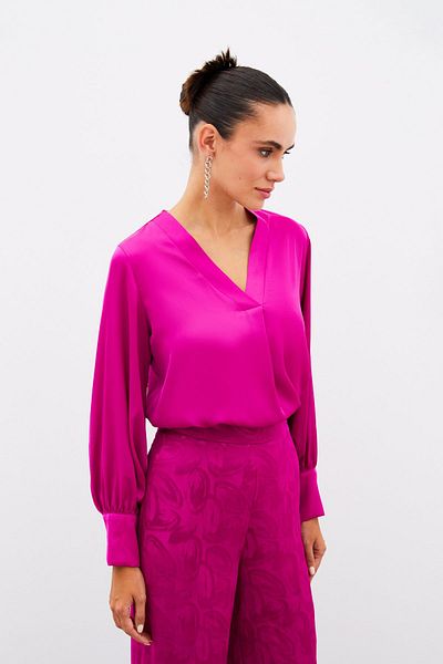 Sateen V-Neck Satin Blouse - Fusya