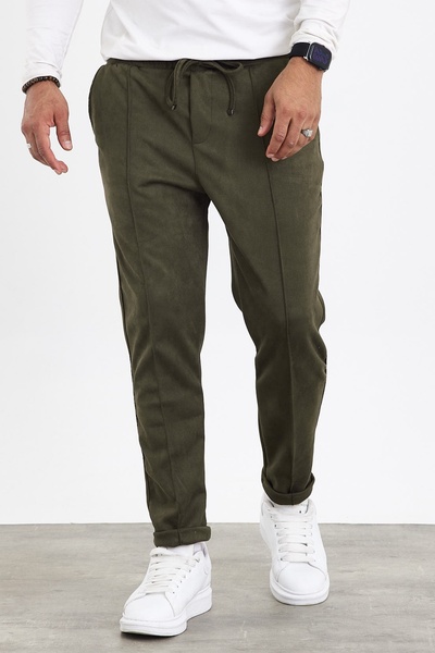 MADZEYMODA New Season Men's Suede Double Leg Grass Detailed Khaki Green Trousers Mz22036