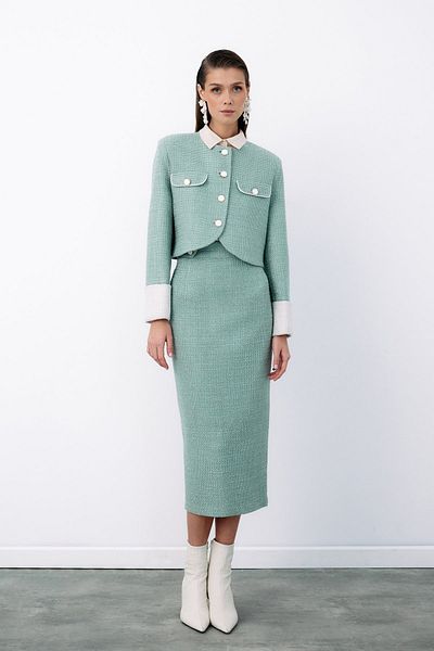 Sateen Ornamental Buttoned Tweed Pencil Skirt - Mi̇nt