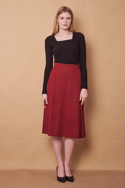 Jument Fustă lungă clopot cu talie înaltă pentru femei, din lână, jacquard, țesătură ușoară din lycra - burgundy Houndstooth