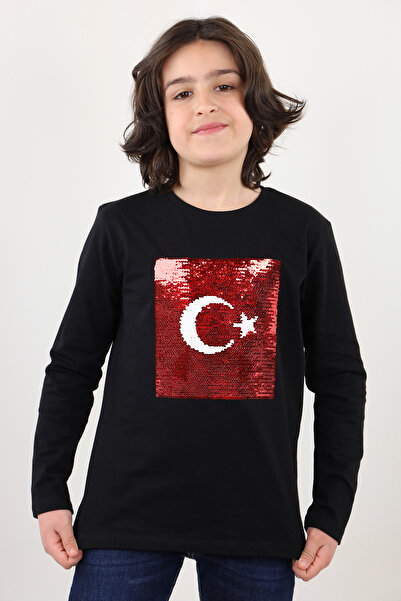 Toontoy Unisex Çocuk Atatürk Bayraklı Çift Taraflı Pullu Tişört