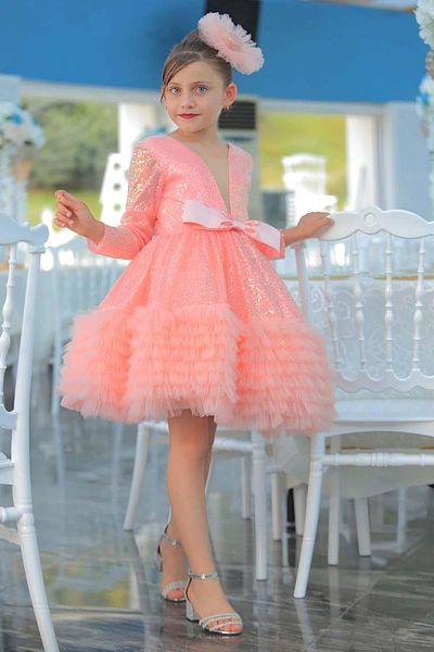 Riccotarz Shiny Sequined V-Neck Layered Tulle Girl's Evening Dress