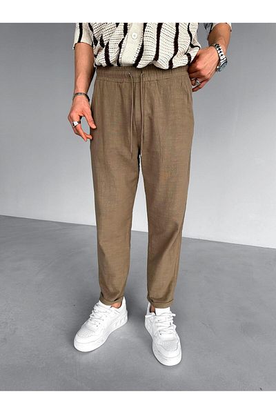 ablukaonline Men's Comfortable Fit Cotton Cool-Keeping Elastic Waist Summer Linen Trousers Brown