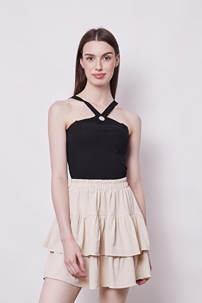 Jument Fusta de dama bej cu talie inalta si volane duble