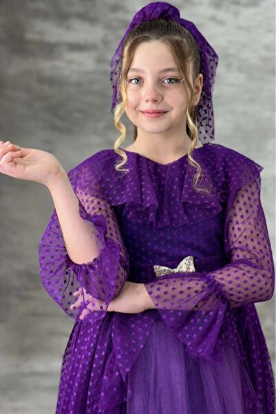 Riccotarz Girl's Guipure Detailed Purple Evening Dress with Frilly Collar and Polka Dot Skirt with Fluffy Tulle