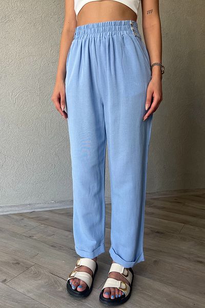 Seda Yalçın Atelier Blue Linen Trousers with Waist Detail