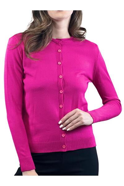 Miss Poem Kadın Bisiklet Yaka Düğmeli Uzun Kollu Basic Fuşya Triko Hırka