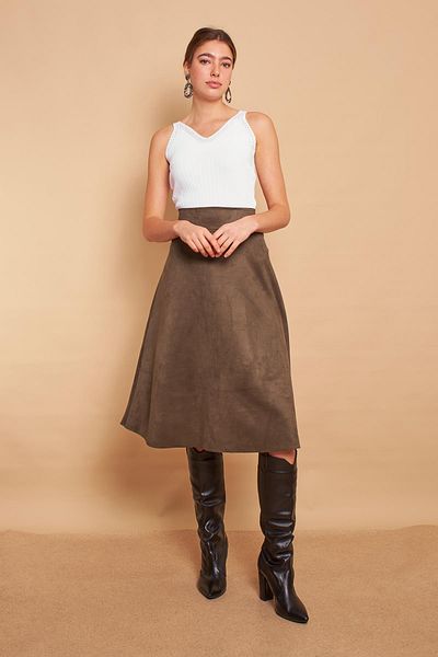 Jument Light Lycra Suede Fabric High Waist Kilos Long Skirt-khaki