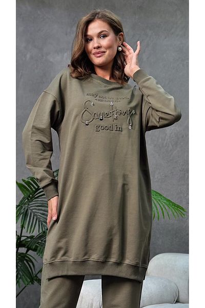 MVStore Women's Stone Detail Embossed Printed Oversize Sweatshirt Bottom-Top Set