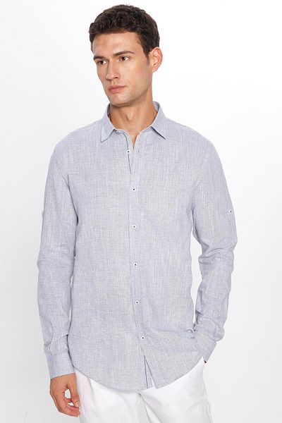 Tudors Γκρι Slim Fit Epaulettes πουκάμισο - Μακρύ μανίκι, 100% βαμβακερό λινό