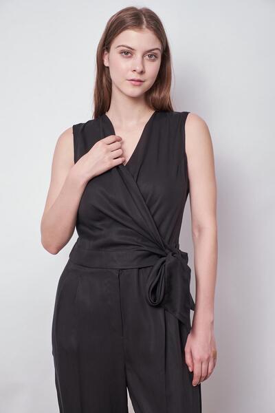 Jument Black Fluent Stylish Jumpsuit - 100% Iyocell, Double Breasted Lace Up, Pocket, Pleated Skinny Leg