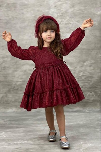 Riccotarz Girl's Crew Neck Sleeves Transparent Skirt Tulle Glitter Burgundy Evening Dress