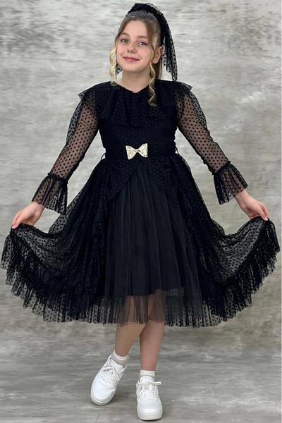 Riccotarz Girl's Guipure Detailed Black Evening Dress with Frilly Collar and Polka Dot Skirt with Fluffy Tulle