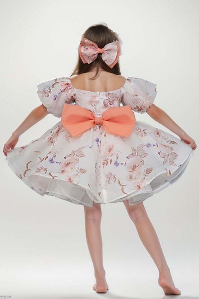 Riccotarz Orange Floral Patterned Girl's Evening Dress with Balloon Sleeves and Fluffy Tulle Boat Neck