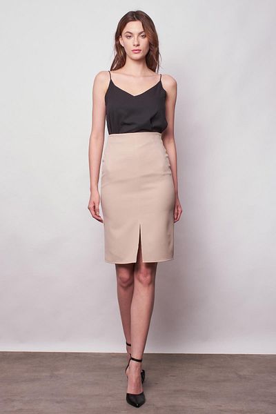 Jument Women's High Waist Front Slit Light Lycra Stylish Fabric Below the Knee Office Pencil Skirt-Stone