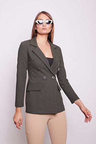 Jument Women's Button Detailed Long Sleeve Stylish Office Ornamental Pocket Flap Fabric Blazer Jacket-Khaki