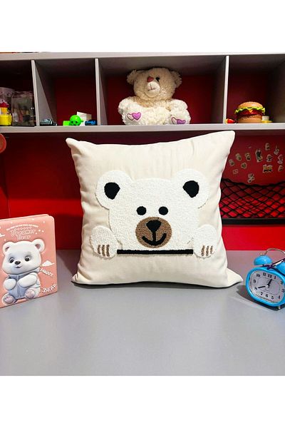 HD HOME COLLECTİON Hd Home Collection Λινό ύφασμα Χαριτωμένο αρκουδάκι με κεντημένο κάλυμμα μαξιλαριού (PANÇ)